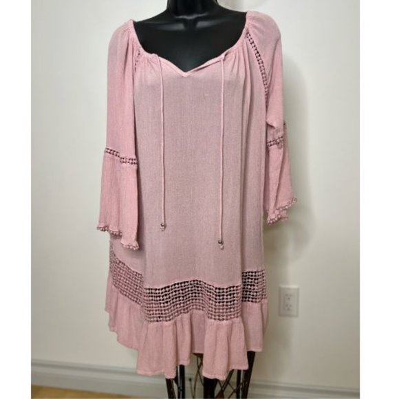 Indian Tropical Fashion Womens Tie-Neck Midi Dress Lace Trim Size S Pink - Picture 1 of 4